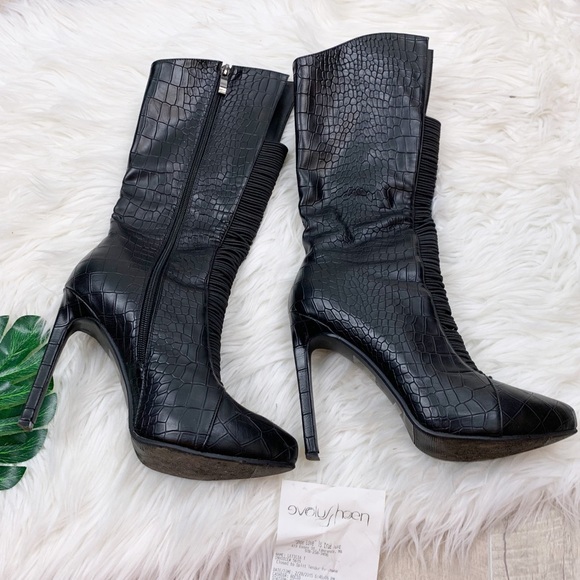 Unbranded Shoes - Reptile Printed Black Mid Calf Heel Boot Unbranded Shoes - Reptile Printed Black Mid Calf Heel Boot